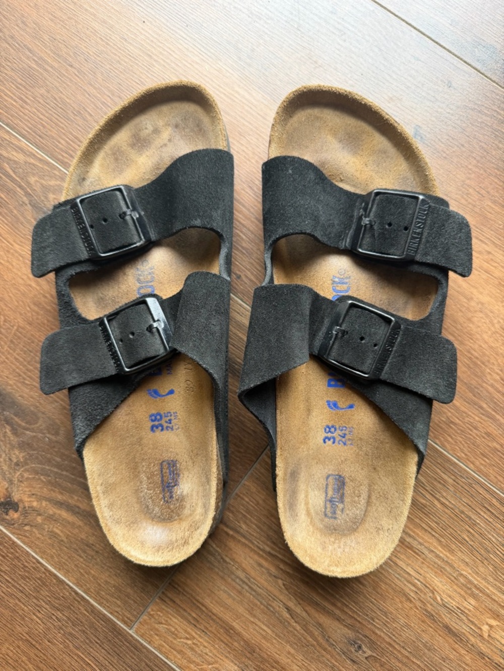 Ladies Black Suede Arizona Double-Strap Sandals with Adjustable Buckles.